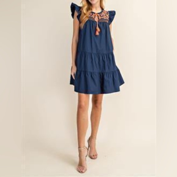 L Love Floral EMBROIDERED TASSEL RUFFLE DRESS Size Medium Navy Blue Orange - Picture 1 of 10